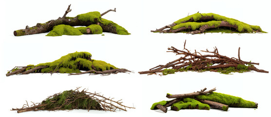 overgrown branches,  collection of natural piles with moss and lichen, isolated on white background