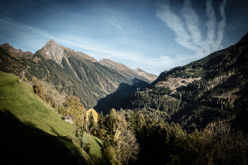Obraz premium Herbstlandschaft in den österreichischen Bergen mit Holzhütte - farbreduziert