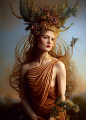 Demeter, the Olympian goddess of the harvest and agriculture, presiding over crops, grains, food, and the fertility of the earth.
