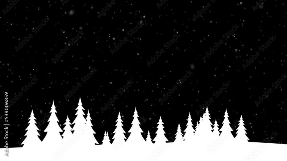 Poster snowy winter decoration landscape with snow falling and trees loop animation background.