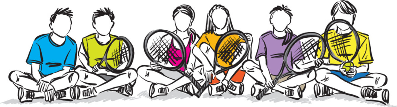 tennis young junior team children with tennis rackets sports summer camp vacations vector illustration