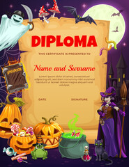 Kids diploma. Halloween holiday characters of pirate ghost, witch and pumpkin lanterns with sweet candies, cat, frog and bats, cauldron with magic potion. Halloween, child achievement vector diploma