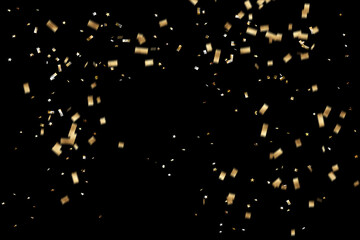 Golden confetti isolated on black background. 3D rendered illustration.