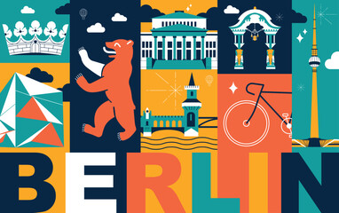Berlin culture travel set, video split screen, famous architecture in flat design. Business travel, tourism concept clipart. Image for presentation, banner, website, advert, flyer, roadmap, icon © Arttabula