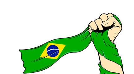The hand holds the flag of Brazil on a white background.