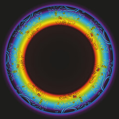 Vector illustration. Pattern with branches, leaves and flowerson on the background of a round rainbow. Template for invitations, greeting cards or eco themes