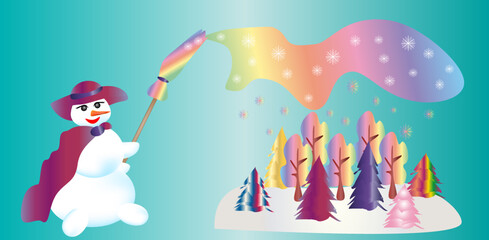Fototapeta premium magic snowman paints a forest of bright colors