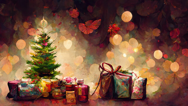 Weihnachtliches Dekobanner mit Weihnachtsbaum und Geschenke, Hintergrund Illustration
