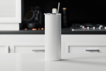 Skinny tumbler mug with lid and straw mockup. 3D rendering