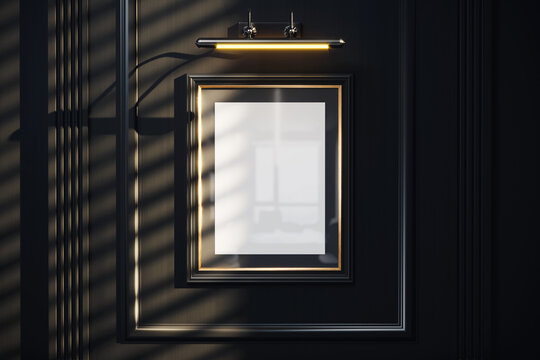 Wooden frame with clear glass on black wall mockup. 3D rendering