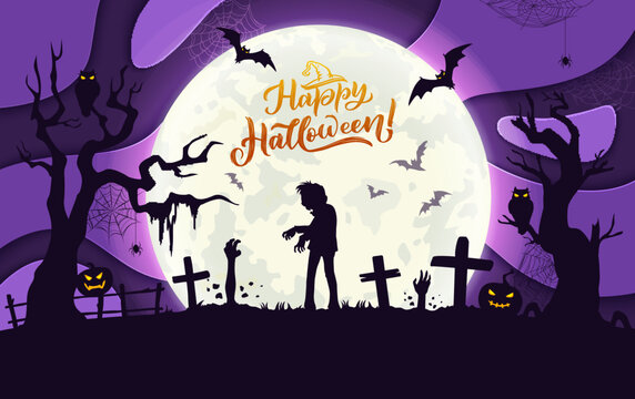Halloween paper cut night cemetery landscape with zombie silhouette on graveyard, undead monsters hands sticking from graves, pumpkins and owl with glowing eyes. Halloween paper cut vector background