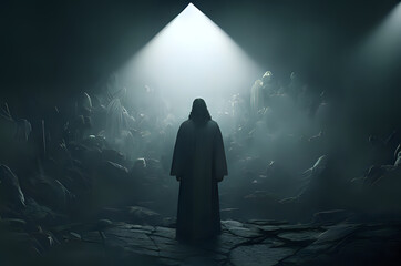 A man in a cloak in a dark cave