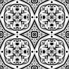 Vector abstract seamless pattern with flowers and dots. Vector background with lines and spots. Decorative background. Seamless abstract floral pattern in black and white.