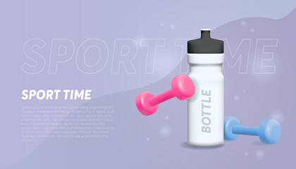 Banner template with Sports 3d elements, a bottle of water, a kettlebell, an elastic band for sports.