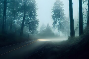 Drawing of road in the middle of the woods in clouds