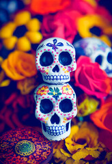 Fototapeta premium Day of the Dead skulls Colorful flowers
