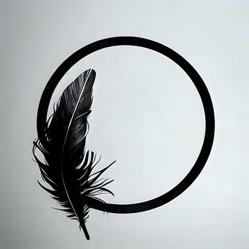 Black feather with black circle and white background