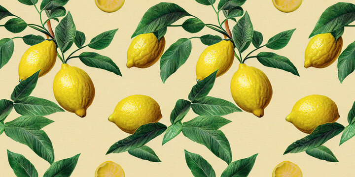 Fresh yellow fruits of lemon, lime, with green leaves. Seamless citrus texture on a white background. Vintage botanical 3d illustration.