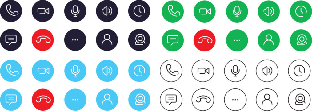 Collection of call bottons and video calls icons in different colors
