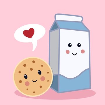 Creative concept cartoon holiday valentines day illustration cookie and milk in love.