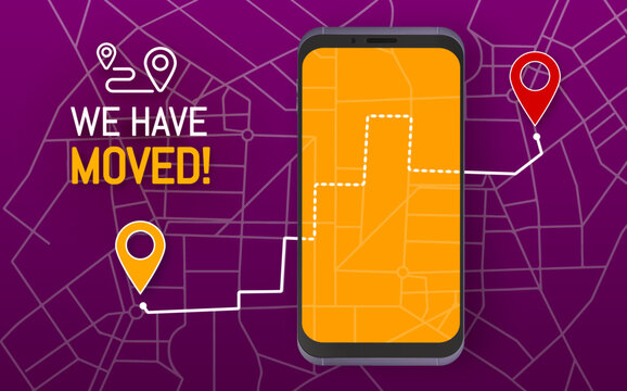 We have moved banner. Company or shop relocation vector banner or background, office moving flyer. Business address or location change navigation with city map, transfer route and mobile smartphone
