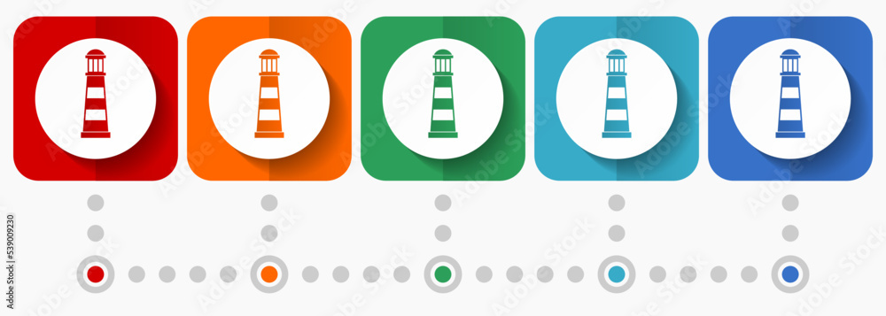 Aufkleber Lighthouse vector icons, infographic template, set of flat design navigation symbols in 5 color options