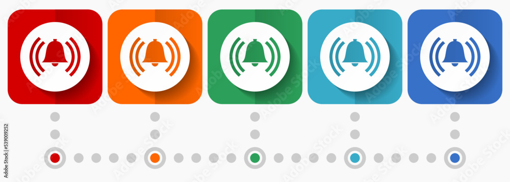 Poster alarm vector icons, infographic template, set of flat design alert symbols in 5 color options