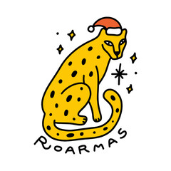 Comic groovy Xmas Santa leopard colorful wild animal isolated on white background. Doodle boho Christmas and New Year cartoon doodle cat character, holiday card, sticker, coloring decor element
