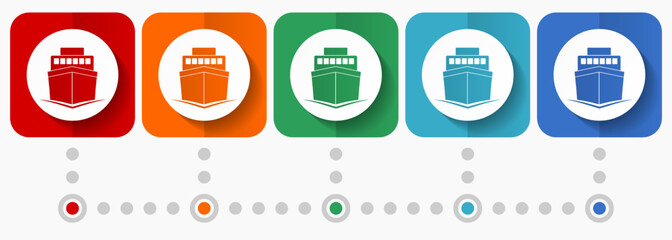 Ship vector icons, infographic template, set of flat design boat symbols in 5 color options