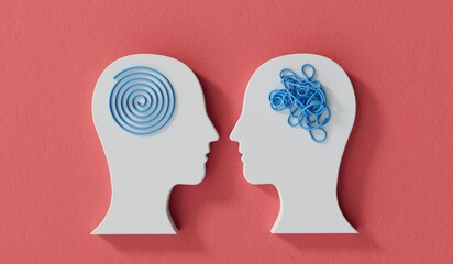 Mental health concept. tangled chaotic brain vs logical brain. Personality and emotion. 3D Rendering © ink drop