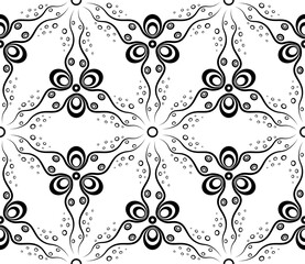 Vector abstract seamless pattern with waves and circles. Vector background with lines and rounds. Decorative background. Seamless abstract pattern in black and white.
