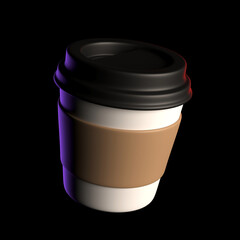 paper coffee cup isolated on black background. 3d render. 3d illustration in cartoon style. Minimal design