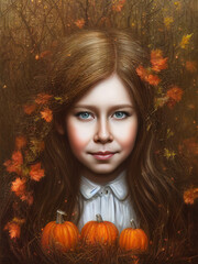Beautiful girl portrait in autumn scenery with pumpkins. Ai custom trained models with release and reference images.  