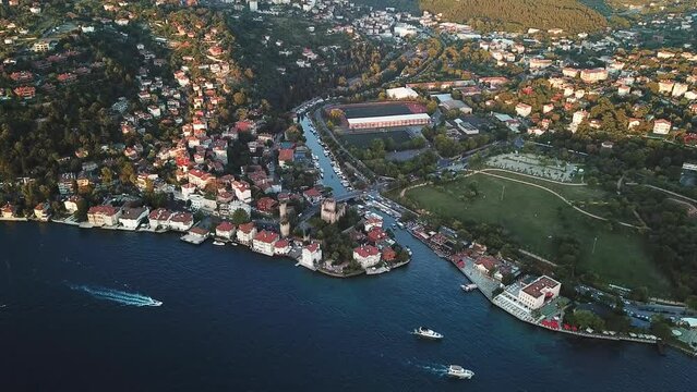 Goksu River and Anadolu Hisari Fortress in Summer. Anatolian Castle, Kucuksu region in Istanbul. Aerial
