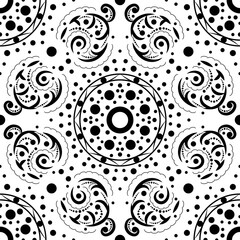 Fototapeta premium Vector abstract seamless pattern with swirls and dots . Vector background. Decorative background. Seamless abstract pattern in black and white.
