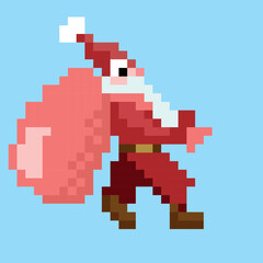 new year pixel art vector game design icon video game interface set. 8 bit for 2D game decor. Santa Claus in a red suit carries a bag of gifts