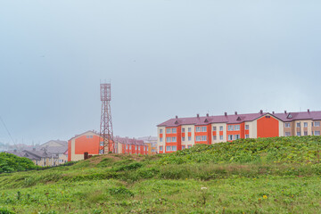 Fototapeta na wymiar view of the town of Yuzhno-Kurilsk on the island of Kunashir