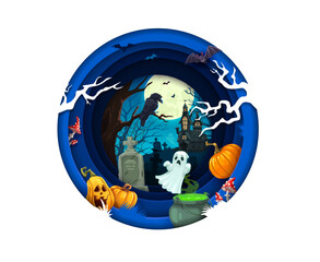 Halloween paper cut landscape and characters. Cartoon vector ghost, castle or haunted house, bats, cauldron with potion, night cemetery, pumpkin and amanita with raven on tree inside of 3d round frame