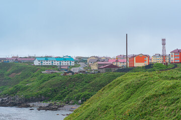 view of the town of Yuzhno-Kurilsk on the island of Kunashir