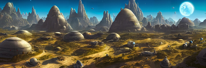 futuristic city on an alien planet, extraterrestrial buildings and spaceships in beautiful landscape, background banner