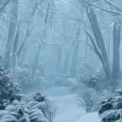 Winter landscape with hills in snow, fir trees and sky. Panoramic snowy nature scene. Scenery with mountains in cold frosty weather. 