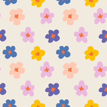 Groovy vector flowers hippie color seamless pattern, funny boho doodle childish background.