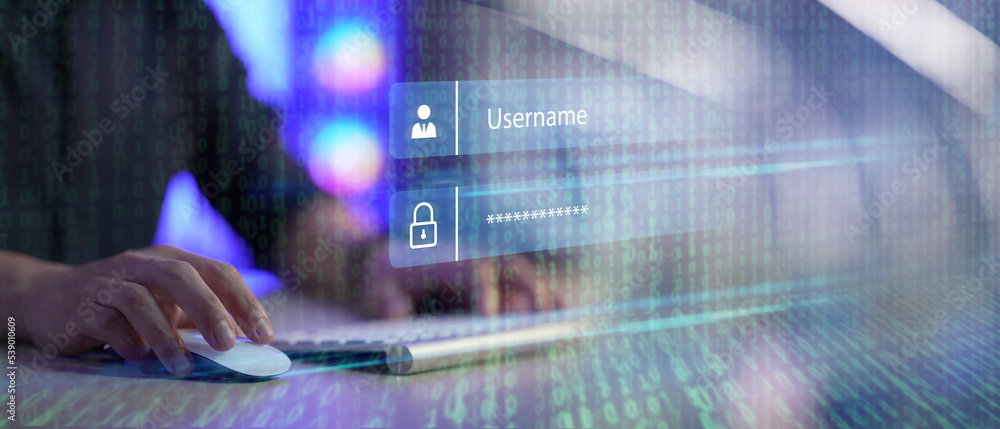 Poster data protection privacy concept. it specialist work on computer with data protection of cyber securi