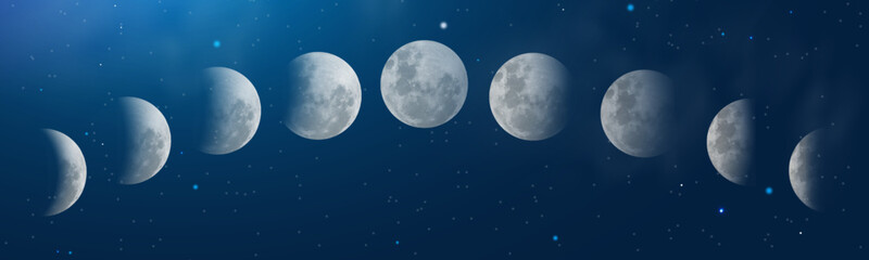 Moon Phases astronomy icon set. Vector realistic night Landscape with blue sky and stars