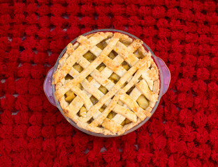 Home made and healthy baked apple pie in glass plate with beautiful red background.