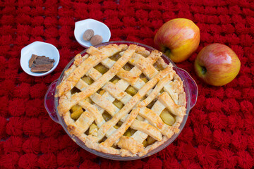 Home made and healthy baked apple pie in glass plate, apple, cinnamon and nutmeg with beautiful red background.