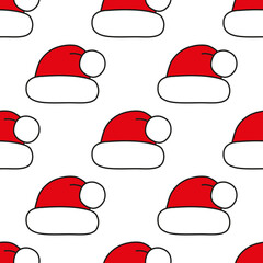 Seamless pattern with Christmas hats on white. Red Santa cap. Background for festive designs, textile print, wrapping, paper decorations, decors, banners, cards, and invitations.