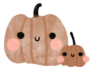 Brown Yellow Beige hand drawn watercolor nursery childish illustration pumpkin thanksgiving halloween mom and child clipart. Funny cheerful kid apparel collection.