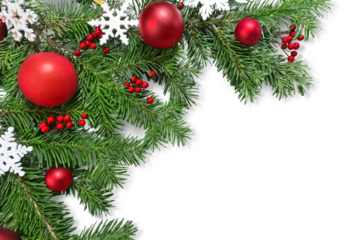 Christmas toys on fir tree branch , isolated on white