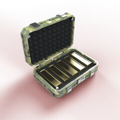 sci-fi reinforced metal sage case full of gold bars. 3D render isolated on transparent